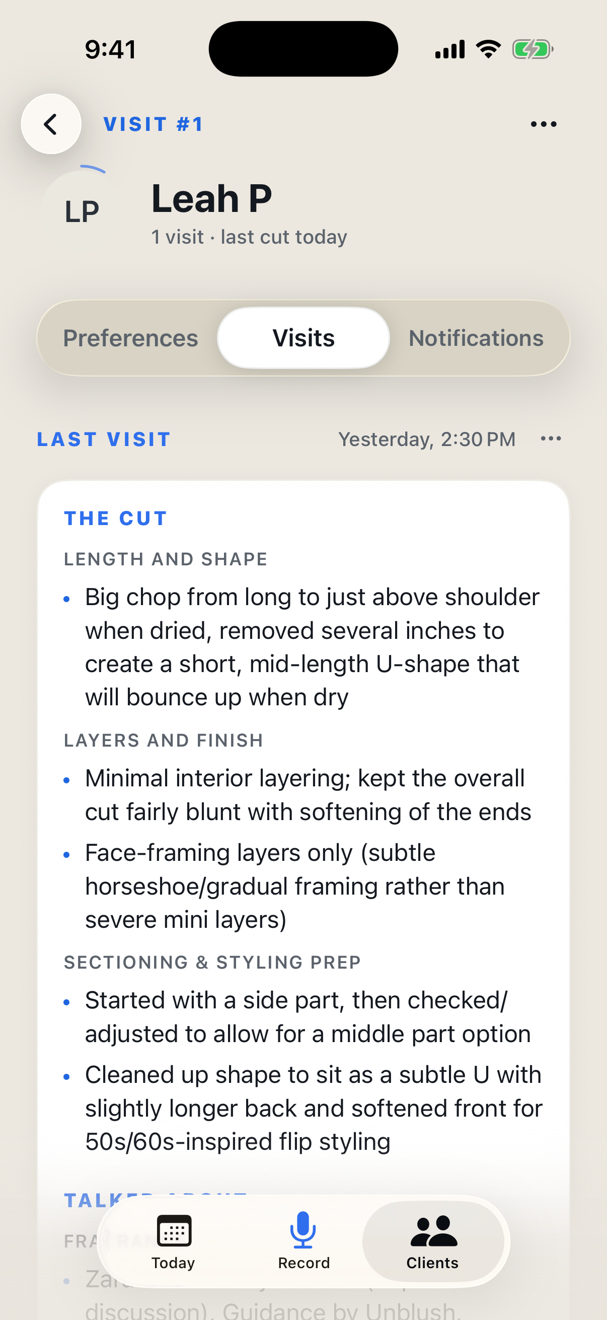 Patron visit notes — service details and conversation topics, organized automatically