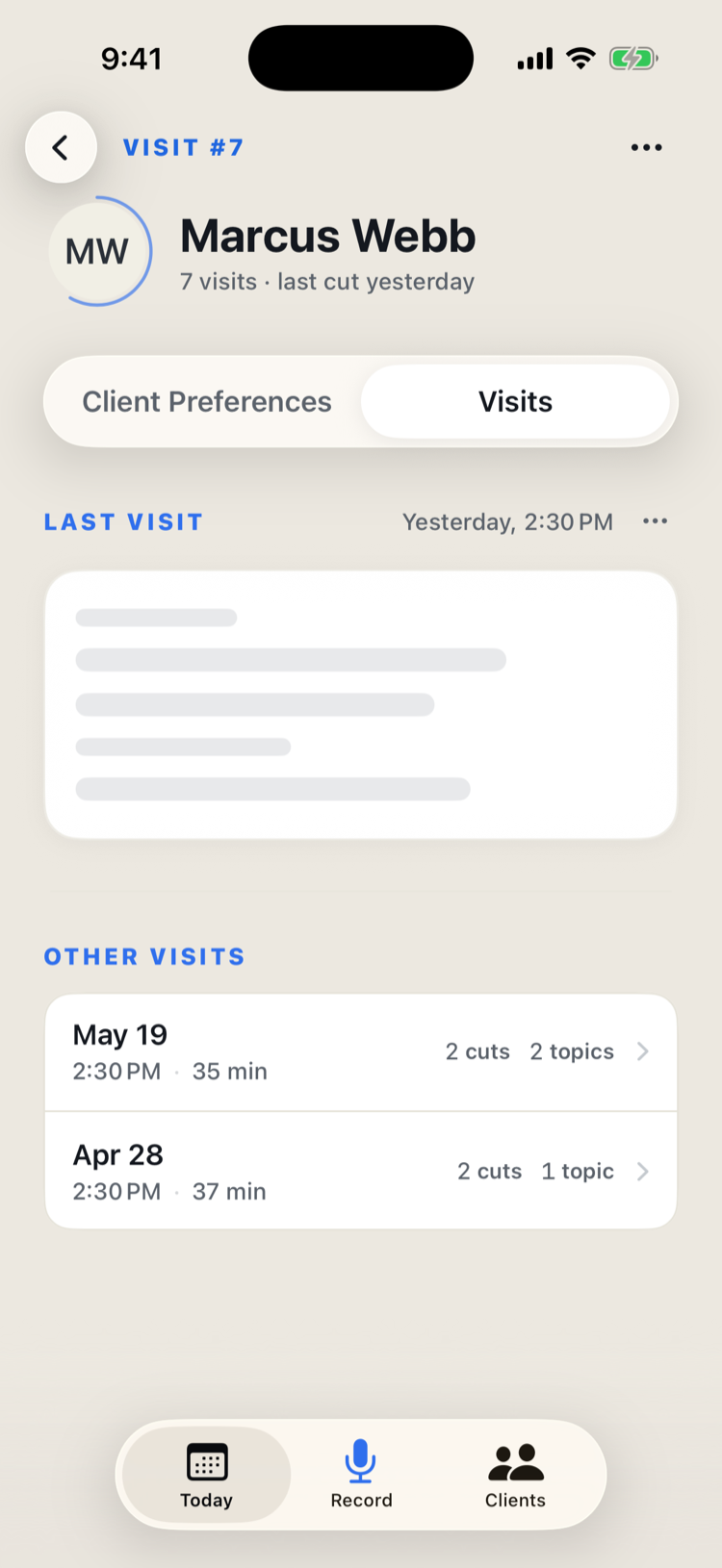 Visit history screen showing past appointments with notes